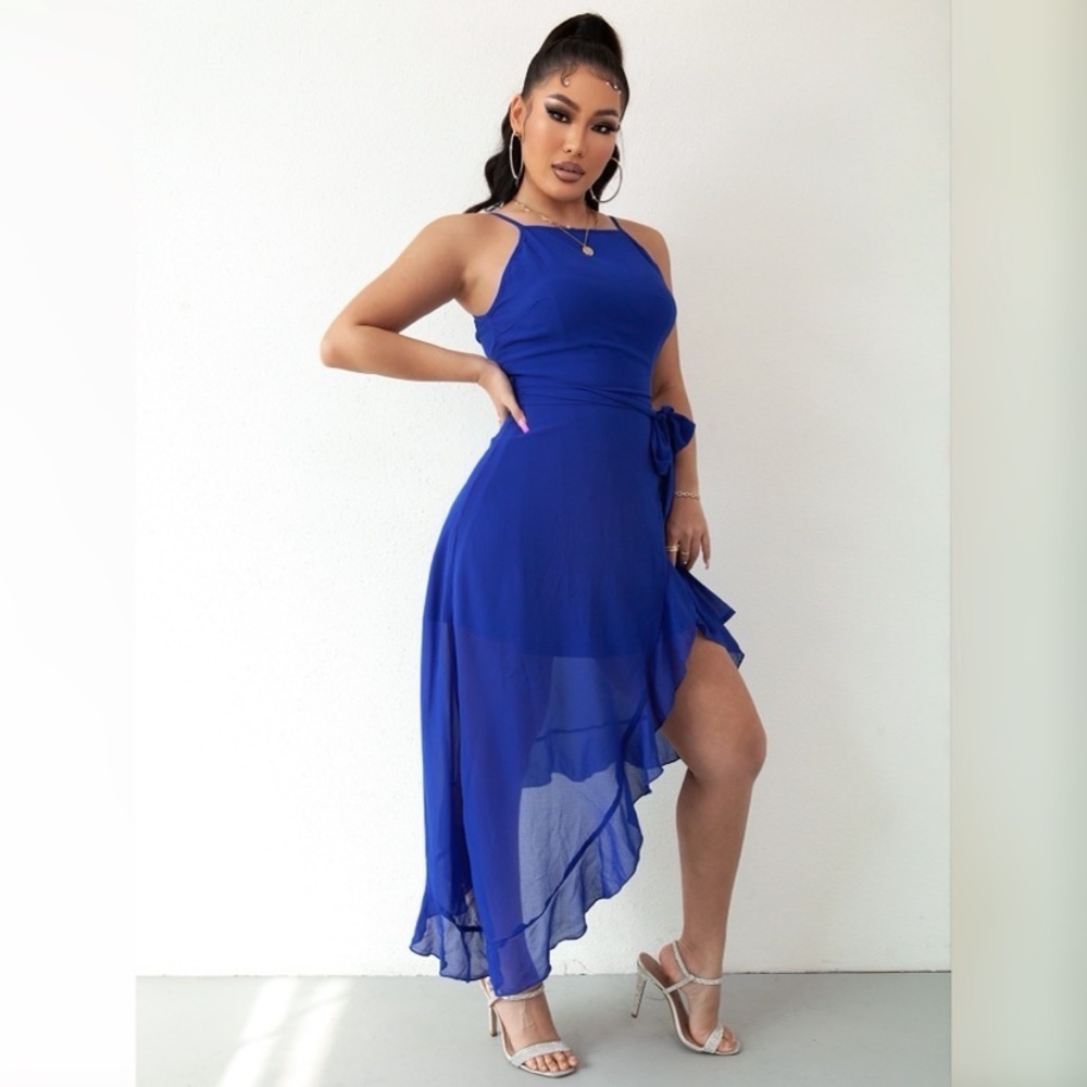 LAST! Asymmetrical Ruffle Hem Belted Cami Dress